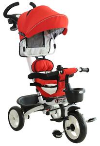 Passeggino Triciclo per Bambini con Maniglione Tetto Parapioggia Regolabile e Cestino Rosso