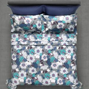 Completo Lenzuola In Percalle Luisiana Graphic Flower Singolo - 160X290 90X205 + 1 Federa 50X80 Mirabello Floreale Blu Caleffi