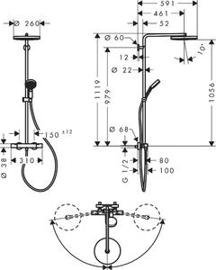 Colonna doccia hansgrohe Pulsify S Puro, altezza 260 mm, con un getto, miscelatore termostatico Ecostat Fine e doccetta manuale a 3 getti, finitura bronzo spazzolato