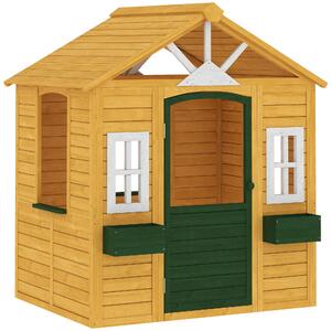 AIYAPLAY Casetta per Bambini in Legno, Casetta da Giardino Outdoor con Porta, 3 Finestre e 2 Fioriere, per Bambini 3-8 Anni, 134,5x97x150 cm, Marrone | Aosom Italy