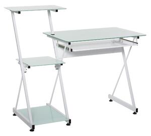 Scrivania da Ufficio Porta PC 116,5x54,5x100 cm con Mensole e Piano in Vetro Bianca
