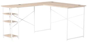 Scrivania Angolare da Ufficio 150x120x74 cm con 3 Mensole in Metallo e MDF Legno e Bianco