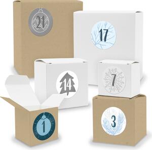 Calendario dell'Avvento da riempire: 24 cubi rettangolari assortiti BIANCO / MARRONE + adesivi (V3 Z16)