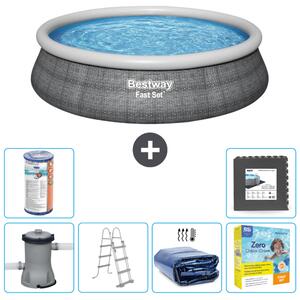 Piscina gonfiabile rotonda Bestway ad ambientazione rapida - stampa rattan - 457 x 107 cm - inclusa pompa - scaletta vela solare - pacchetto manutenzione - filtro - pavimento in piastrelle