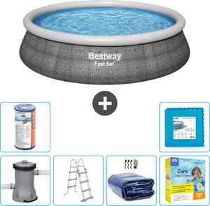 Piscina gonfiabile rotonda Bestway ad ambientazione rapida - stampa rattan - 457 x 107 cm - inclusa pompa - scaletta vela solare - pacchetto manutenzione - filtro - pavimento in piastrelle