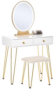 Consolle Trucco 2 Cassetti 80x40x136 cm con Specchio e Sgabello Bianco
