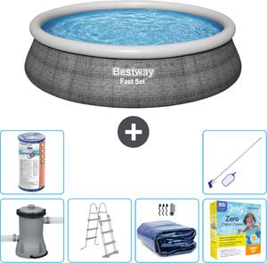 Piscina gonfiabile rotonda Bestway ad ambientazione rapida - stampa rattan - 457 x 107 cm - inclusa pompa - scala tenda da sole - pacchetto manutenzione - filtro - kit di pulizia