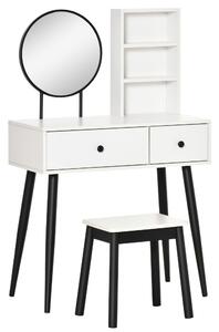 Consolle Trucco con Specchio e Sgabello in Legno Bianco e Nero