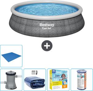 Piscina gonfiabile rotonda Bestway a presa rapida - stampa rattan - 457 x 84 cm - inclusa pompa - tenda da sole - pacchetto manutenzione - filtro - telo di protezione