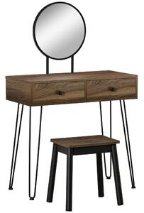 Consolle Trucco con Specchio e Sgabello in Legno e Metallo Color Noce