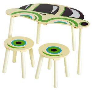 Set Macchinina con Tavolino e 2 Sgabelli per Bambini in Legno 76.5x58.5x46 cm