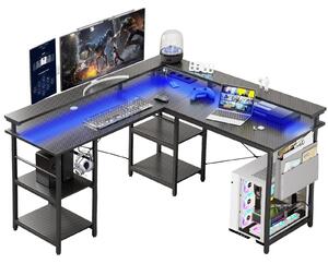 Tavolo da gioco ZELURXX a forma di L con illuminazione LED RGB, con borsa, supporto per doppio monitor, supporto per cuffie e prese, modello nero