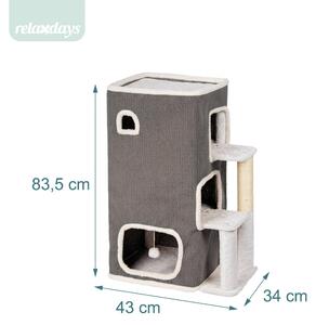 Relaxdays, rifugio per gatti a 3 piani, con gioco a sfera e tiragraffi, dimensioni: 83,5 x 43 x 34 cm, rifugio per animali domestici da interno, tessuto, grigio