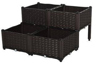 Set 4 Fioriere da Giardino Rialzate in Polipropilene Effetto Rattan Marrone