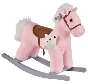 Cavallo a Dondolo in Peluche e Legno con Orsetto e Suoni Rosa