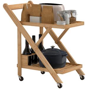 HOMCOM Carrello da Cucina Portavivande Pieghevole a 2 Livelli con Portabottiglie in Legno di Bambù
