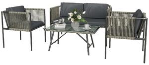 Outsunny Set Salotto da Giardino in Rattan con 2 Poltrone, Divanetto 2 Posti e Tavolino da Caffè in Vetro, Grigio