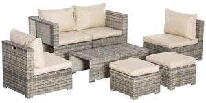 Set Salotto da Giardino Divano 2 Poltrone Tavolino e 2 Poggiapiedi in Rattan Beige e Grigio