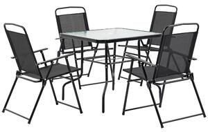 Set Tavolo e 4 Sedie da Giardino Pieghevoli in Metallo e Vetro Temperato Nero