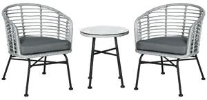 Set Tavolino e 2 Sedie da Giardino in Rattan Sintetico Grigio