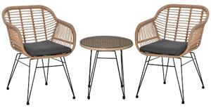 Set Tavolino e 2 Sedie da Giardino in Rattan PE Naturale Cuscini Grigi