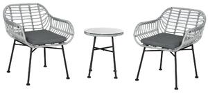 Set Tavolino e 2 Sedie da Giardino in Rattan PE e Cuscini Grigio