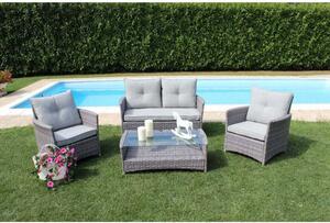Set Salotto da Giardino Divano 2 Poltrone e Tavolino con Cuscini in Wicker Grigio