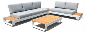 Set Salotto da Giardino Divano 2 Poltrone e Tavolino con Cuscini in Teak Bianco