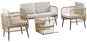 Set da Giardino Divano 2 Poltrone e Tavolino in Rattan Beige
