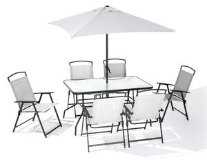 Set Tavolo 6 Sedie e Ombrellone da Giardino in Acciaio e Textilene Grigio