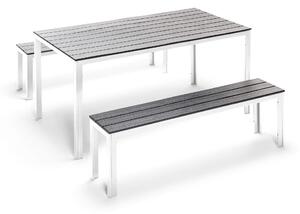 Set Tavolo e 2 Panche da Giardino in Acciaio e Polietilene Grigio