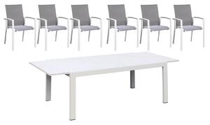 Set Tavolo Allungabile e 6 Sedie da Giardino in Alluminio e Textilene Bianco