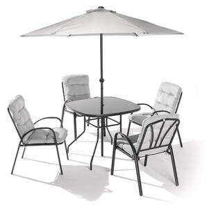 Set Tavolo 4 Sedie e Ombrellone da Giardino in Acciaio con Cuscini Grigio Chiaro