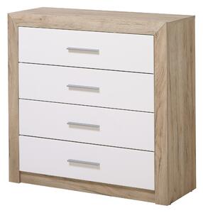 Cassettiera 4 Cassetti 93x35x90,5 cm in Legno Laminato Effetto Quercia e Bianco Lucido