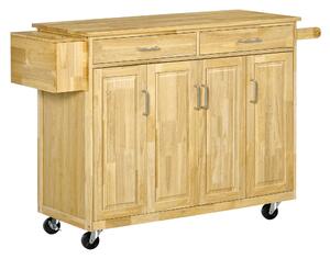 Carrello da Cucina 2 Cassetti 4 Ante 136x47x91,5 cm con Ruote in Legno Naturale