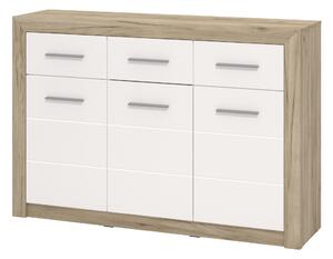 Credenza 3 Ante 3 Cassetti 133x35x90,5 cm in Legno Laminato Effetto Quercia e Bianco Lucido
