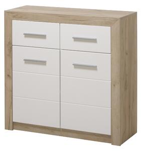 Credenza 2 Ante 2 Cassetti 93x35x90,5 cm in Legno Laminato Effetto Quercia e Bianco Lucido