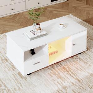 Tavolino da Salotto Moderno con LED, Piano Lucido Effetto Marmo e Due Cassetti, Controllo App, 110x38,8x55 cm, Bianco