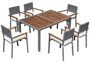Set Tavolo e 6 Sedie da Giardino in Acciaio Legno e Rattan Grigio