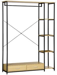Appendiabiti con 2 Cassetti 4 Ripiani 130x40x180 cm in Acciaio e Truciolato Nero e Legno