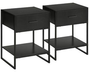 Set 2 Comodini 1 Cassetto 1 Ripiano 45x40x60 cm in Acciaio e Truciolato Nero