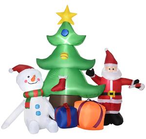 Babbo Natale con Albero e Pupazzo di Neve Gonfiabile 210x92x190 cm con Luci LED Bianche