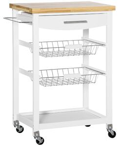 Carrello da Cucina 63x40x86 cm 1 Cassetto 2 Cestini in MDF e Legno Bianco