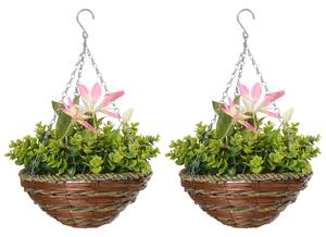 Set 2 Piante Artificiali Clematide Ø30x32 cm con Gancio e Vasi Fiori Bianco e Rosa