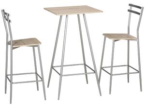 Set Bar Tavolino Alto e 2 Sgabelli da Giardino in Acciaio e Legno Quercia