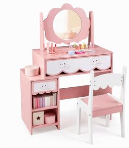 KOMFOTTEU: Tavolino da trucco per bambini in legno, con 2 cassetti, 2 ripiani aperti e ripiano regolabile, modello "Principessa"