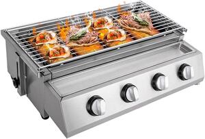 Griglia a gas da tavolo - Mini barbecue - Cucina all'aperto - 4 bruciatori indipendenti - 55,8 x 23,2 cm - Argento