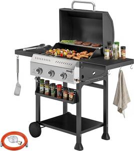 Barbecue a gas - Carrello per barbecue - Cucina all'aperto - Tre bruciatori in acciaio inossidabile - Potenza di 9 kW - Colore nero