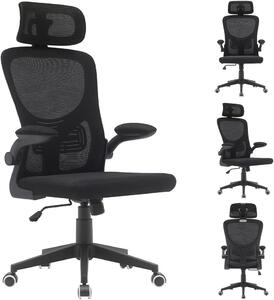 Sedia da ufficio ergonomica con rivestimento in tessuto, supporto lombare, poggiatesta e regolazione dell'altezza tramite pistone a gas, colore nero