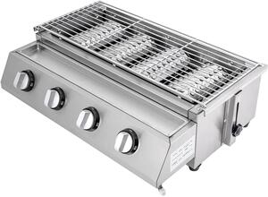 Griglia a gas - Griglia da tavolo - Cucina all'aperto - 4 bruciatori - Superficie di cottura 56x23 cm - Argento